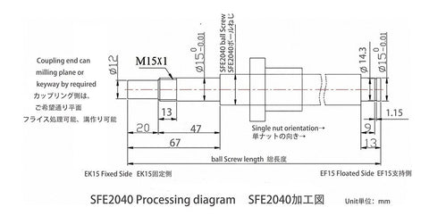 Technical diagram of Ball Screw Assembly SFE2040 NUW 20mm Diameter Lead 40mm Length 950mm according to CNC machining standards.