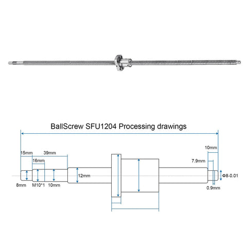 Ball Screw SFU1204 12mm Diameter Lead 4mm Length 700mm With Ball Screw Nut Anti Backlash Kit drawing and specs diagram