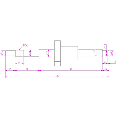 Ball Screw SFU1204（Diameter 12mm Pitch 4mm）Length 150mm with Metal Nut for CNC Machine Parts blueprint diagram