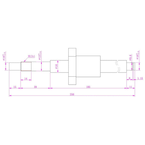 Technical diagram of ✝️ Ball Screw SFU1605 (Diameter 16mm Pitch 5mm) Length 250mm with Metal Ball Screw Nut, dimensions labeled, side view