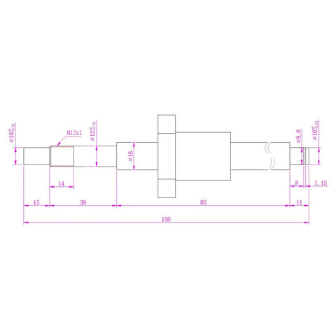 Technical diagram showing Ball Screw SFU1605 with dimensions: Diameter 16mm, Pitch 5mm, Length 150mm with Metal Ball Screw Nut for CNC Machine Parts