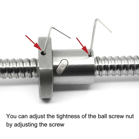 Close-up of Ball Screw SFU1605 (Diameter 16mm Pitch 5mm) Length 150mm with Metal Ball Screw Nut showing adjustment screws
