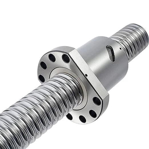Close-up of 20mm Ball Screw SFU2005 Anti Backlash with 5mm Lead and metal nut, showing high precision machining for CNC machines.