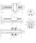 Technical drawings of ball screw slide table CNC linear stage with SFU1605 & NEMA23 stepper motor, 200mm stroke actuator module.