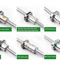 Collection of ball screws including SFU2005 with anti-backlash for CNC machines, showcasing different models and labels.