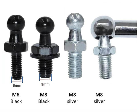 5pcs 10mm Ball Studs with Hardware, M6 Ball Screws 6mm Female Thread x 1/2" Long Shank for Gas Struts Lift Support Strut Fitting (Black, M6 5pcs), shown in comparison to M8 sizes in black and silver.