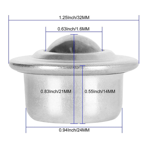 Side view of Sixteen Piece Five Eighth Inch Stainless Steel Ball Transfer Bearings Set With 360 Degree Rotation Universal Base Conveyor Rollers