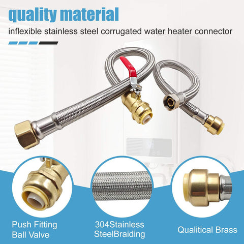 Three Quarter Inch Ball Valve Water Heater Hose Connector Set With Stainless Steel Braided Flexible Design, 24 Inch, 2 Pack