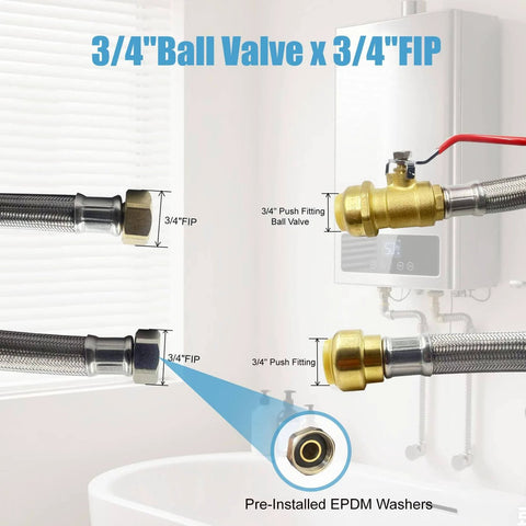 Three Quarter Inch Ball Valve Water Heater Hose Connector Set with Stainless Steel Braided Flexible Design, 24 Inch Lengths, 2 Pack