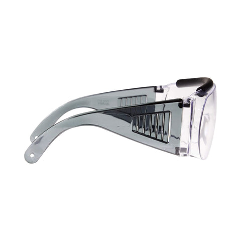 Side view of wraparound frame Ballistic Safety Glasses For Range Shooting Prescription Glasses Compatible, ANSI Z87.1 certified.