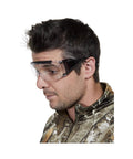 Profile view of a man wearing Ballistic Safety Glasses For Range Shooting Prescription Glasses Compatible Wraparound Frame with camo jacket.