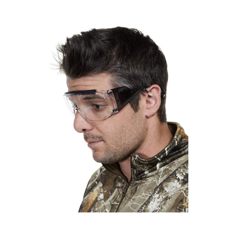 Profile view of a man wearing Ballistic Safety Glasses For Range Shooting Prescription Glasses Compatible Wraparound Frame with camo jacket.