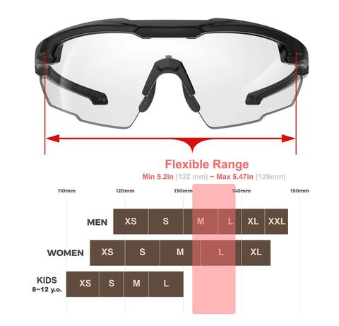 Clear Lens Ballistic Tactical Glasses ANSI Z87 Plus UV400 Anti Fog For Airsoft with size chart and flexible fit range shown