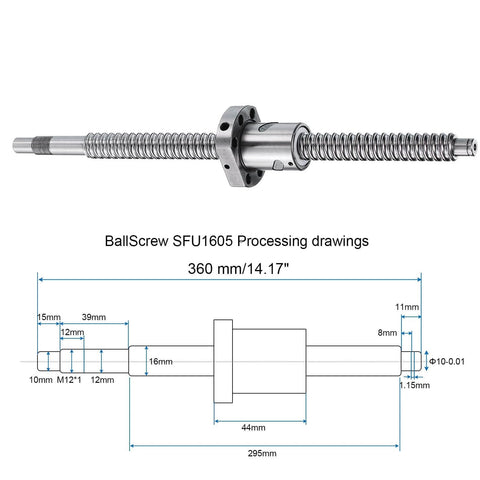 BallScrew SFU1605 (Dia 16mm, Lead 5mm, Length 360mm) with Ball Screw Nut Anti Backlash Ball Screw Kit Standard End Machining diagram