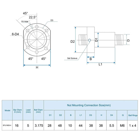 Technical drawing for BallScrew SFU1605 kit showing dimensions and nut mounting connection sizes for CNC systems.