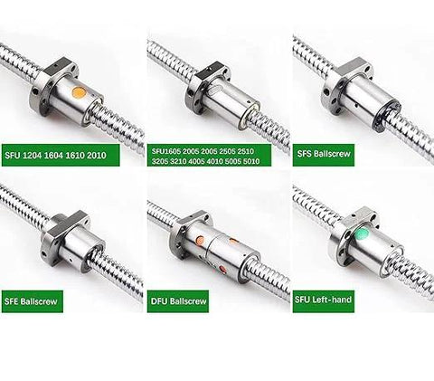 6 different ball screw models including SFU 1605, SFS Ballscrew, and DFU Ballscrew on display