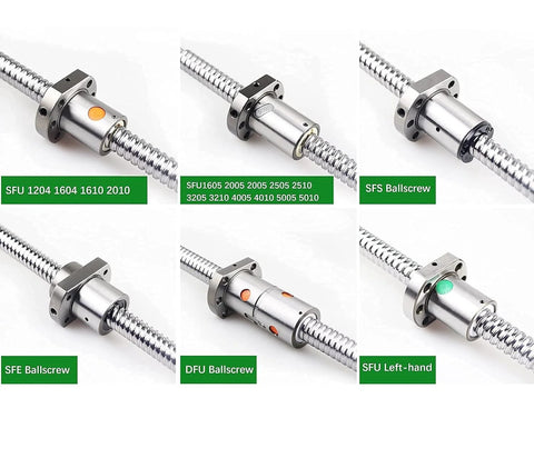 Various ballscrews including SFU 1204, SFS, SFE, and DFU models, showcasing features for linear motion in CNC systems.