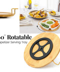 Ceramic Lazy Susan Party Serving Tray With Divided Sections for appetizers, veggies, and dip on a bamboo rotating base in use on table