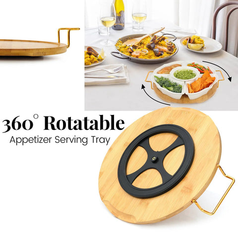Ceramic Lazy Susan Party Serving Tray With Divided Sections for appetizers, veggies, and dip on a bamboo rotating base in use on table