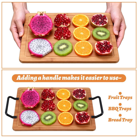 Hands holding a fruit tray with sliced fruit and handles; 8 Pack Matte Black Cutting Board And Cabinet Hardware Handles on sides.