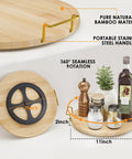 11 Inch Bamboo Lazy Susan Turntable Organizer With Gold Handle for kitchen and cabinet use, displaying spices and decor items in use.