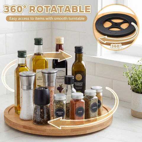 Bamboo Lazy Susan 3 Piece Set With 9 Inch 10 Inch And 12 Inch Rotating Turntables For Kitchen Counter Pantry Organizer with spices and oils