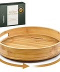 12 inch wooden lazy susan turntable organizer with handles, rotating acacia wood tray showing smooth finish and functional design.