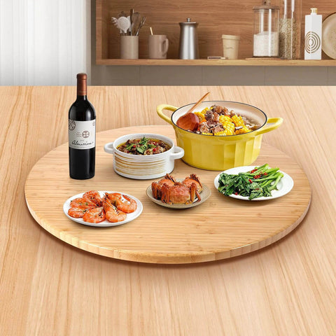 26 Inch Bamboo Large Lazy Susan for Dining Table with dishes and wine bottle, showcasing natural bamboo turntable top and smooth rotation.