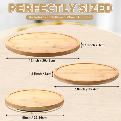 Bamboo Lazy Susan 3 Piece Set With 9 Inch 10 Inch And 12 Inch Rotating Turntables for kitchen pantry organizer size details