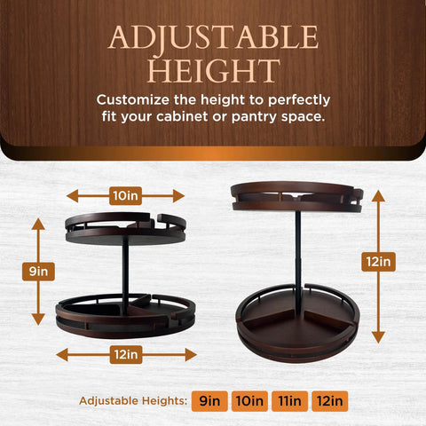 Two Tier Bamboo Lazy Susan Organizer With 12 Inch Turntable For Cabinets Pantries Medicine Cabinets Kitchen And Bathroom Rotating Spice Rack With Adjustable Height And Removable Dividers For Flexible Storage Ideal For Kitchen Shelves And Bathroom. Image showing adjustable height options from 9 to 12 inches.