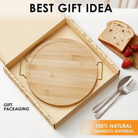 11 Inch Bamboo Lazy Susan Turntable Organizer With Gold Handle in gift box with bread and strawberries