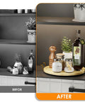 Before and after image showcasing an 11 Inch Bamboo Lazy Susan Turntable Organizer With Gold Handle on a kitchen shelf.