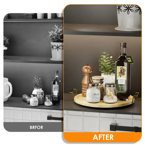 Before and after image showcasing an 11 Inch Bamboo Lazy Susan Turntable Organizer With Gold Handle on a kitchen shelf.