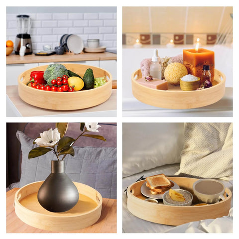 10 inch bamboo lazy susan pantry organizer with rotating tray, round bamboo turntable for kitchen countertops and spice storage in various uses.