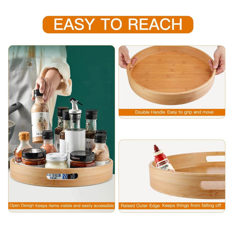 Lazy Susan Organizer 14 inch, Bamboo Lazy Susan for Table with double handles and raised edge for easy access to spices.