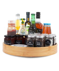 Lazy Susan Organizer 14 inch, Bamboo Lazy Susan for Table, bottles and jars organized on a round wooden turntable for kitchen