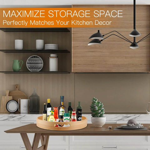 Lazy Susan Organizer 14 inch, Bamboo Lazy Susan for Table, round wood rotating turntable with spice bottles on kitchen countertop.