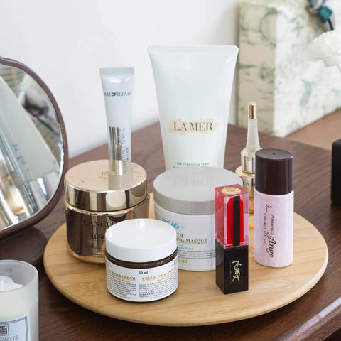 10 inch bamboo wood lazy susan organizer designed for cabinets and countertops, round rotating spice rack turntable for kitchen, pantry, and home use with skincare products.