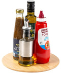 10 inch bamboo wood lazy susan organizer designed for cabinets and countertops featuring condiments on a rotating spice rack turntable.