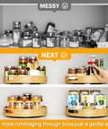 Comparison of a messy cabinet with jars and a neat kitchen setup featuring a 12 inch bamboo lazy susan organizer with handles.