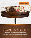 Two Tier Bamboo Lazy Susan Organizer With 12 Inch Turntable displaying two floral teacups, raised edges prevent sliding
