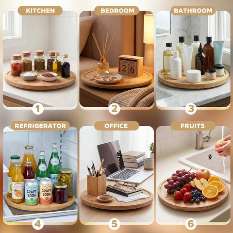 Bamboo Lazy Susan 3 Piece Set with 9, 10, 12 inch turntables used in kitchen, bedroom, bathroom, fridge, office, for fruit displaying.