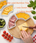 Divided Serving Dish Lazy Susan With 360 Degree Rotating Porcelain Tray On Bamboo Base, showcasing cheese and meats.