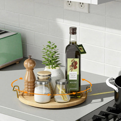 11 Inch Bamboo Lazy Susan Turntable Organizer with Gold Handle on kitchen counter, displaying spices and oil, perfect for tabletop use
