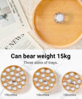 10 inch bamboo lazy susan pantry organizer with rotating tray and three tray size options on display with weight capacity info.