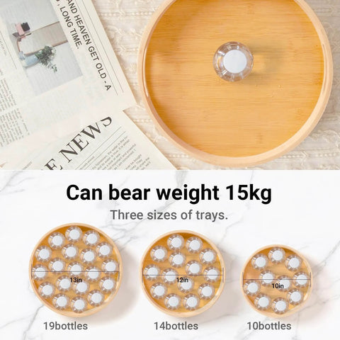 10 inch bamboo lazy susan pantry organizer with rotating tray and three tray size options on display with weight capacity info.