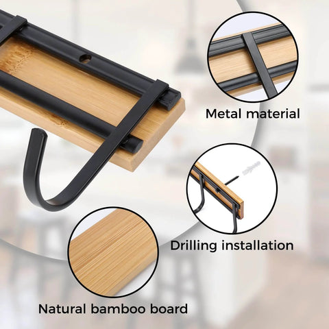 Close-up of the Kitchen Utensil Hanger, Wall Mout Kitchen Utensil Holder Organizer Rack with 6 Hooks showing metal and bamboo materials.