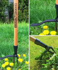 Stand Up Weed Puller With Long 45 Inch Handle And Four Claw Steel Head Made From Real Bamboo Back And Knee Friendly Weeding Tool Easily Remove Weeds Without Bending Kneeling Or Pulling Classic 1913 Design in use in a garden