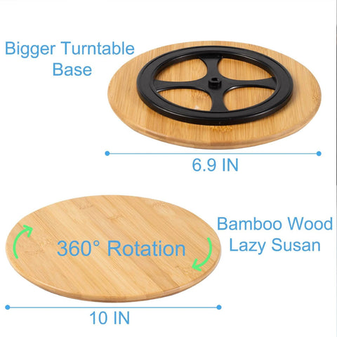 10 inch bamboo wood lazy susan organizer designed for cabinets and countertops, showing turntable base and rotation feature.
