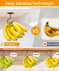 Comparison of ripe bananas hanging and not hanging showing freshness over days with hanging method keeping them fresher longer.